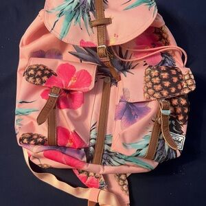 Pink Tropical Floral Pineapple Backpack with Leather Trim